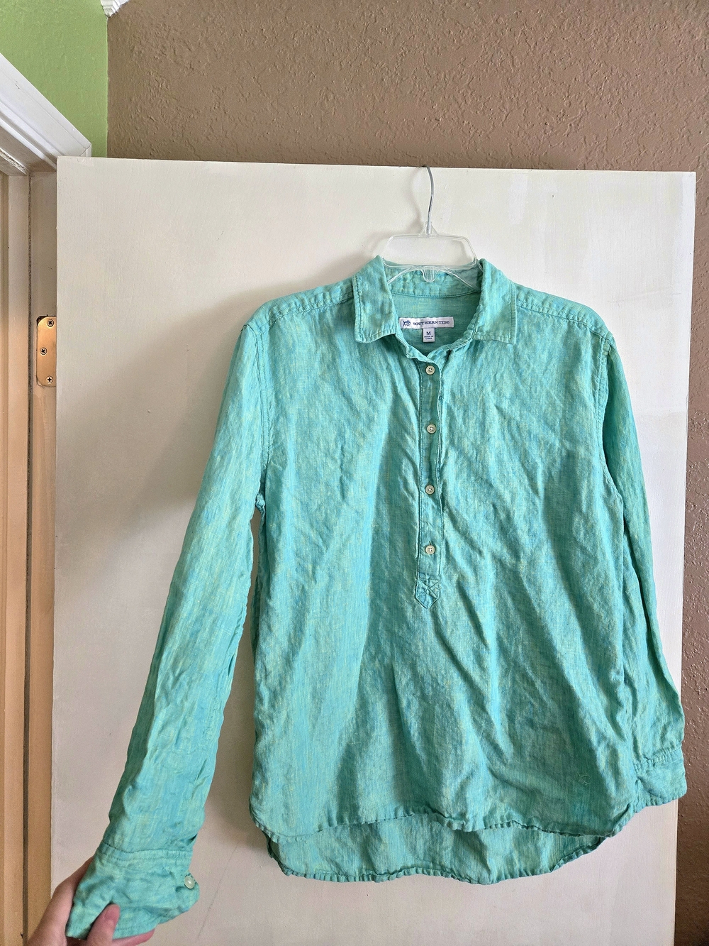 Southern Tide Mint Green Long-Sleeve 100% Linen Blouse